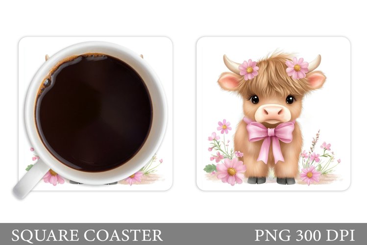 Highland Cow Coaster Design. Cow Flowers Coaster Sublimation example image 1