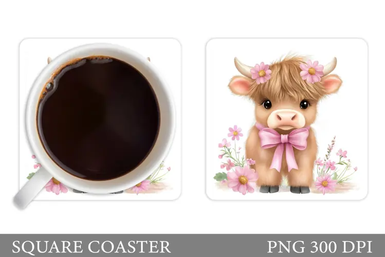 Highland Cow Coaster Design. Cow Flowers Coaster Sublimation