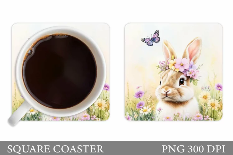 Cute Bunny Coaster. Bunny Flowers Coaster Sublimation