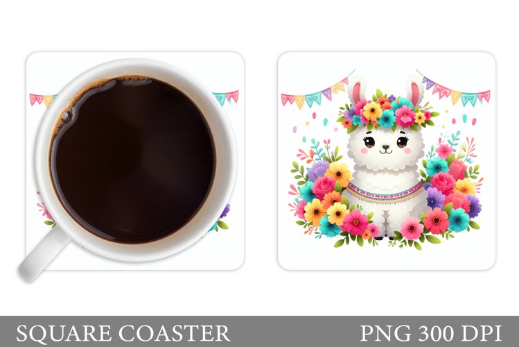 Cute Lama Coaster Design. Lama Flowers Coaster Sublimation example image 1