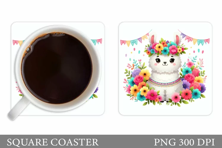 Cute Lama Coaster Design. Lama Flowers Coaster Sublimation