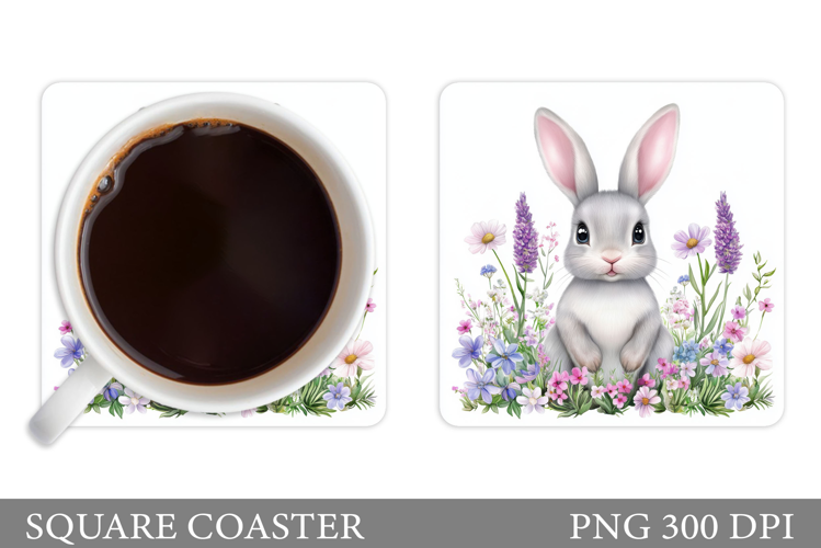 Cute Bunny Coaster. Bunny Flowers Coaster Sublimation