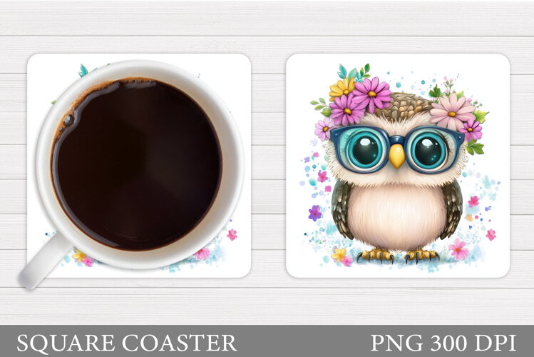 Cute Owl Coaster Design. Owl Flowers Coaster Sublimation example image 1