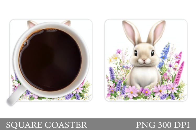 Cute Bunny Coaster. Bunny Flowers Coaster Sublimation