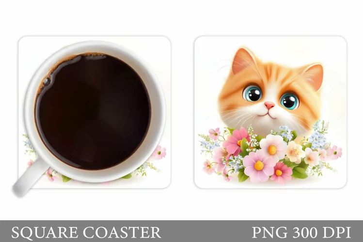 Cute Cat Coaster Design. Cat Flowers Coaster