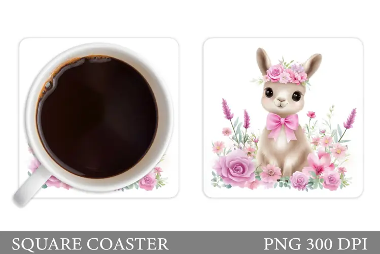 Cute Lama Coaster Design. Lama Flowers Coaster Sublimation