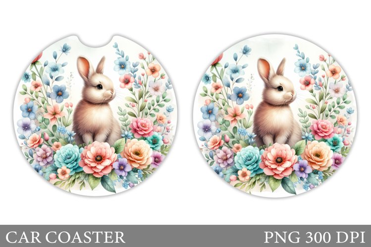 Bunny Car Coaster Sublimation. Bunny Flowers Car Coaster example image 1
