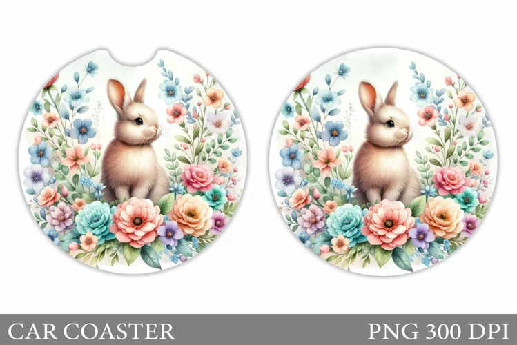 Bunny Car Coaster Sublimation. Bunny Flowers Car Coaster