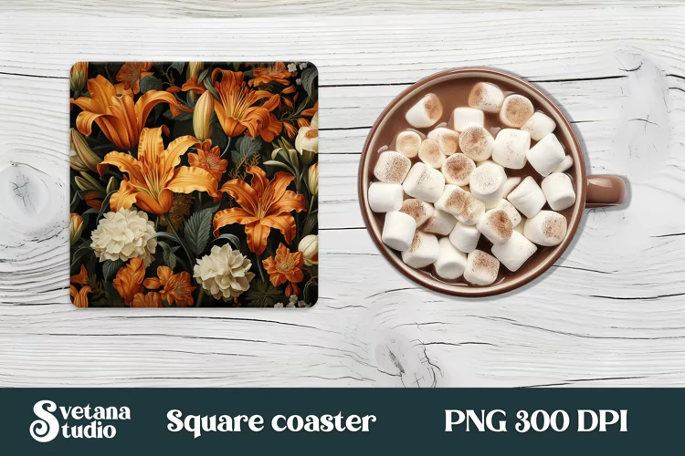 Orang flower lilies square coaster sublimation design