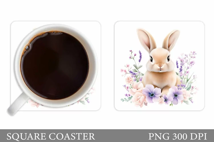 Cute Bunny Coaster. Bunny Flowers Coaster Sublimation