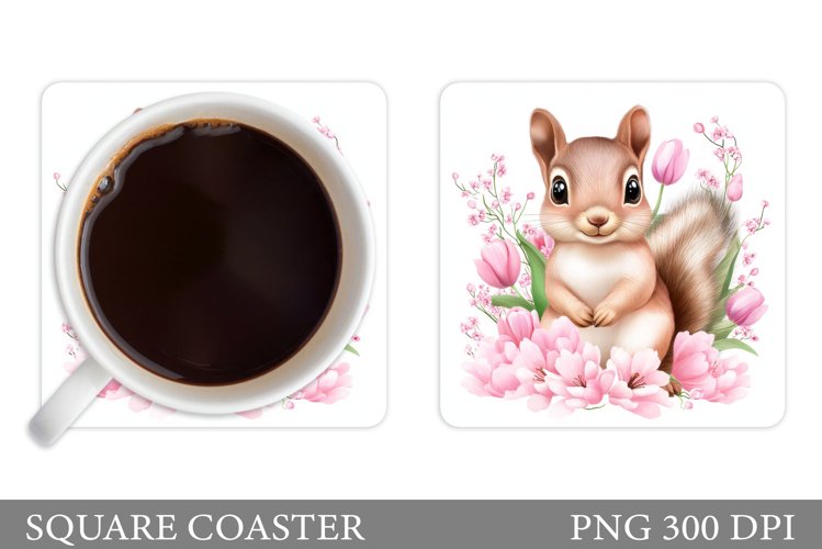 Cute Squirrel Coaster. Squirrel Flowers Coaster Sublimation example image 1