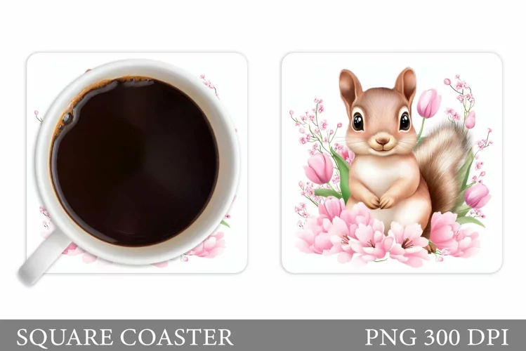 Cute Squirrel Coaster. Squirrel Flowers Coaster Sublimation