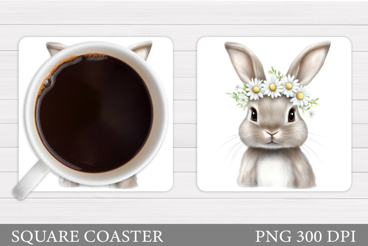 Cute Bunny Coaster. Bunny Flowers Coaster Sublimation