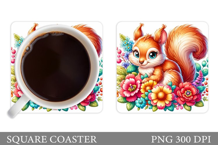 Cute Squirrel Coaster. Squirrel Flowers Coaster Sublimation example image 1