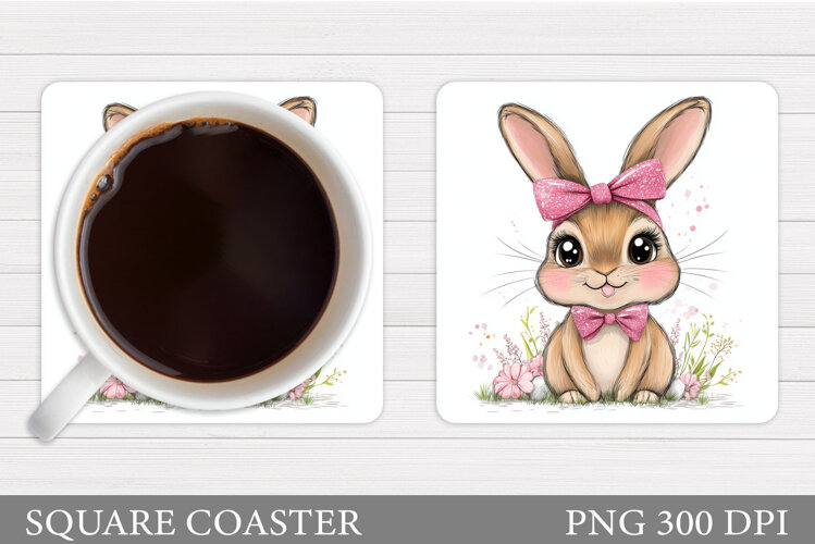 Cute Bunny Coaster Design. Bunny Flowers Coaster Sublimation example image 1