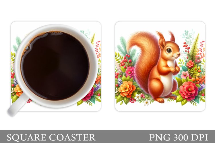 Cute Squirrel Coaster. Squirrel Flowers Coaster Sublimation