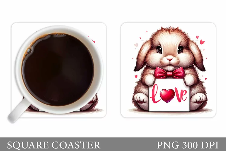Valentines Bunny Coaster. Cute Bunny Coaster Sublimation