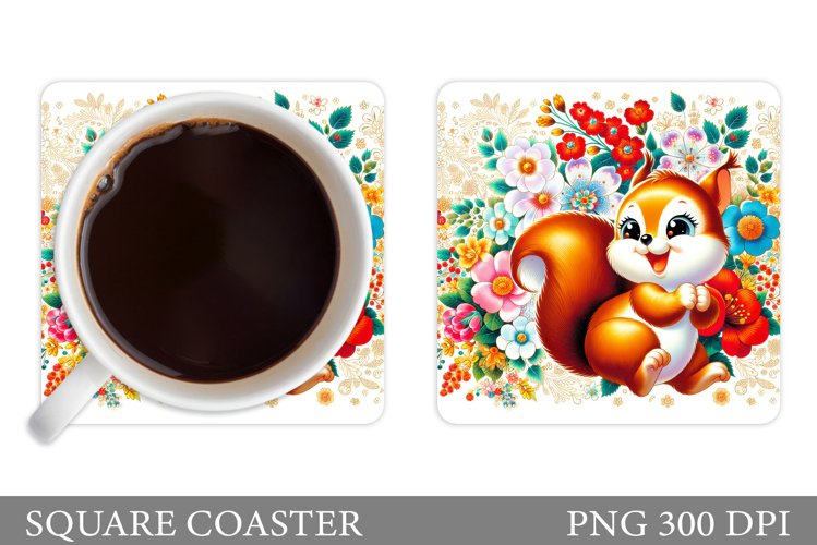 Cute Squirrel Coaster. Squirrel Flowers Coaster Sublimation