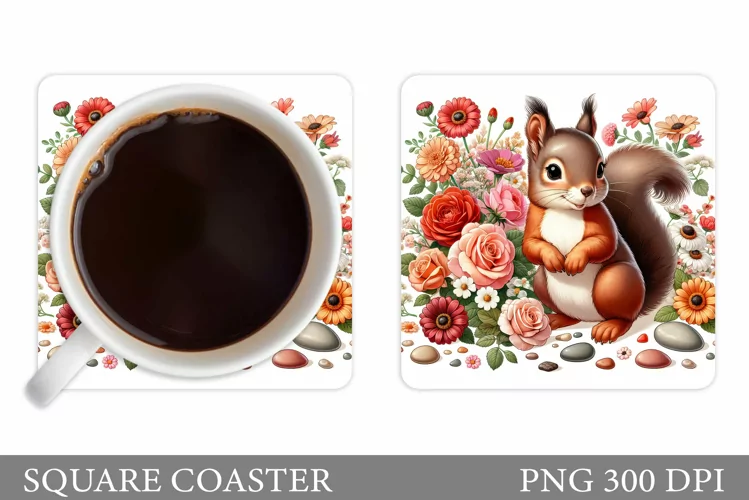 Cute Squirrel Coaster. Squirrel Flowers Coaster Sublimation