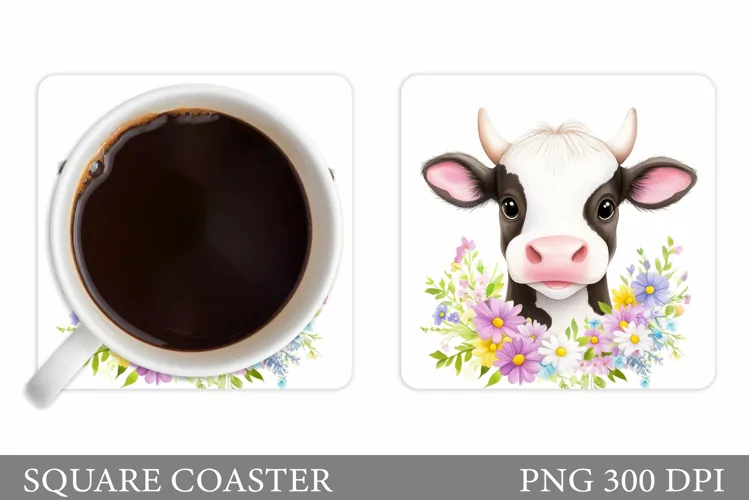 Cute Cow Coaster Design. Cow Flowers Coaster Sublimation
