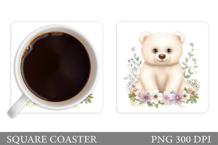 Bear Coaster Sublimation. Bear Flowers Coaster Design example image 1