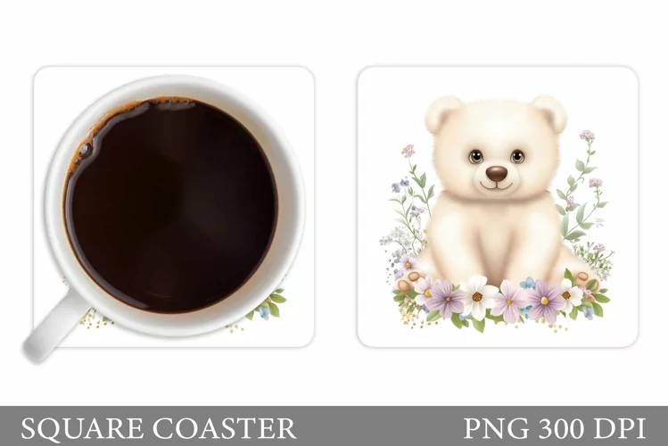 Bear Coaster Sublimation. Bear Flowers Coaster Design
