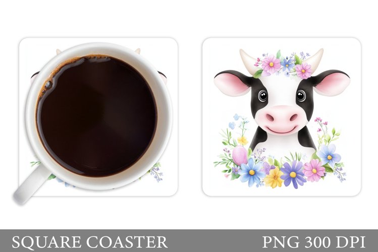 Cute Cow Coaster Design. Cow Flowers Coaster Sublimation example image 1