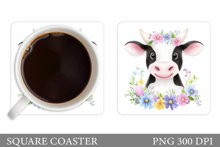 Cute Cow Coaster Design. Cow Flowers Coaster Sublimation