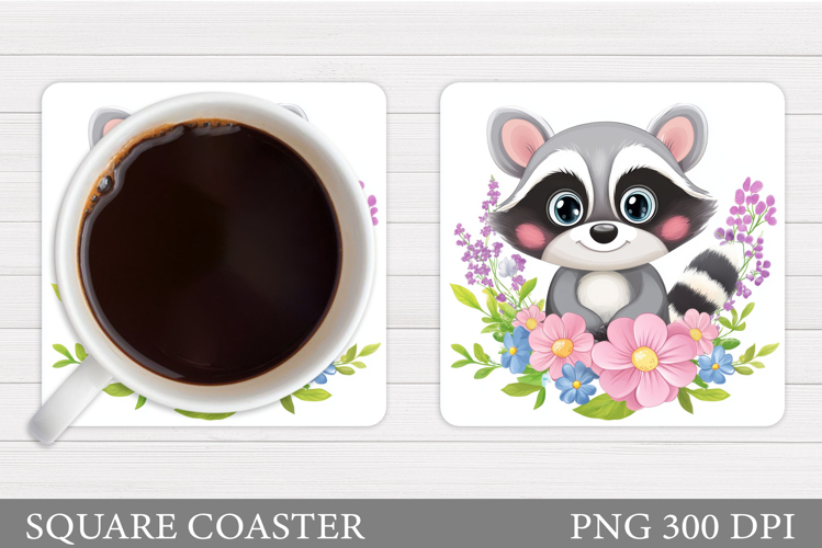 Cute Raccoon Coaster Design. Raccoon Flowers Coaster