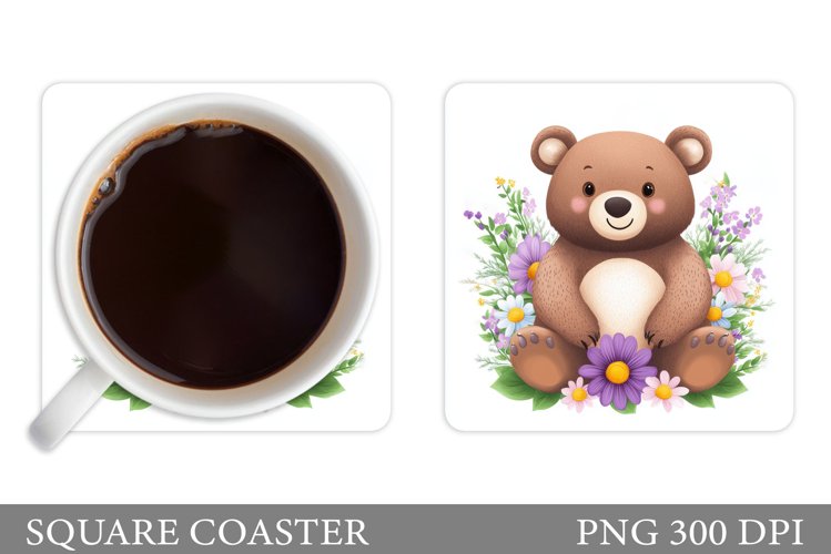 Bear Coaster Sublimation. Bear Flowers Coaster Design