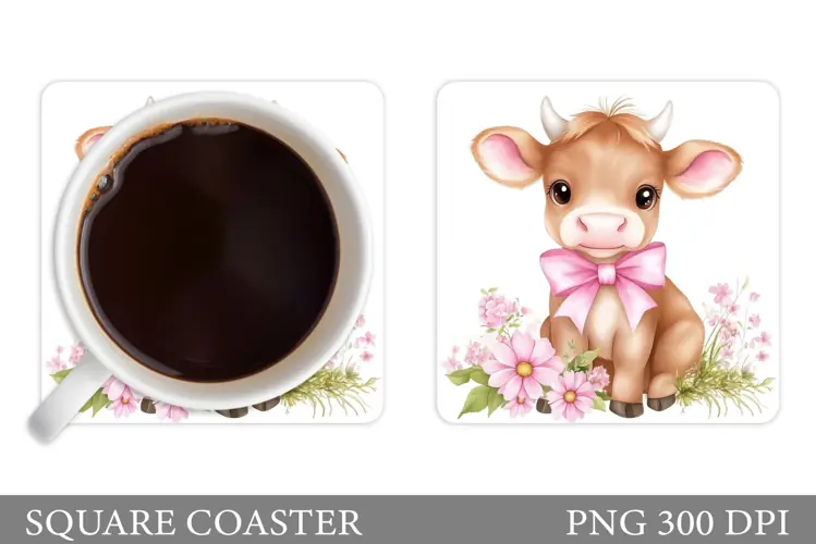 Cute Cow Coaster Design. Cow Flowers Coaster Sublimation