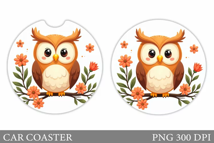 Owl Car Coaster Sublimation. Owl Flowers Car Coaster Design