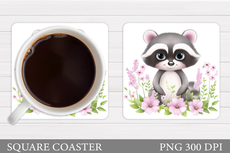 Cute Raccoon Coaster Design. Raccoon Flowers Coaster