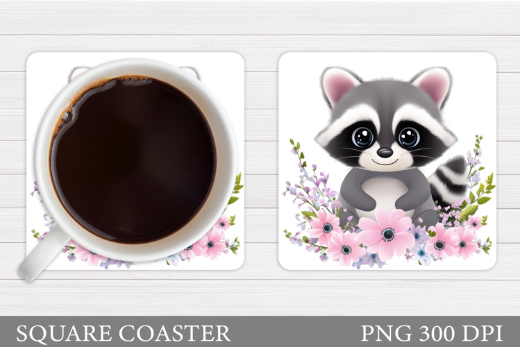 Cute Raccoon Coaster Design. Raccoon Flowers Coaster