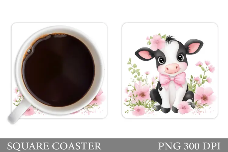 Cute Cow Coaster Design. Cow Flowers Coaster Sublimation