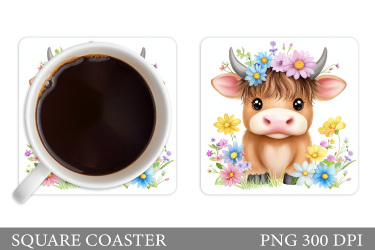 Highland Cow Coaster Design. Cow Flowers Coaster Sublimation