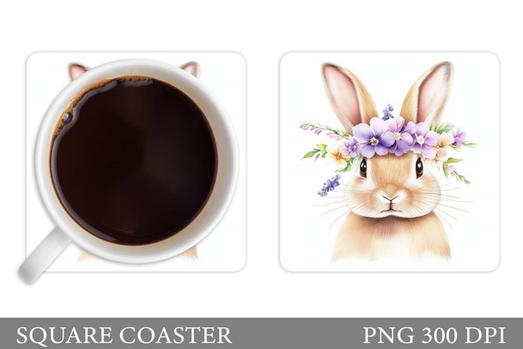 Cute Bunny Coaster. Bunny Flowers Coaster Sublimation example image 1