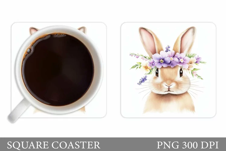 Cute Bunny Coaster. Bunny Flowers Coaster Sublimation