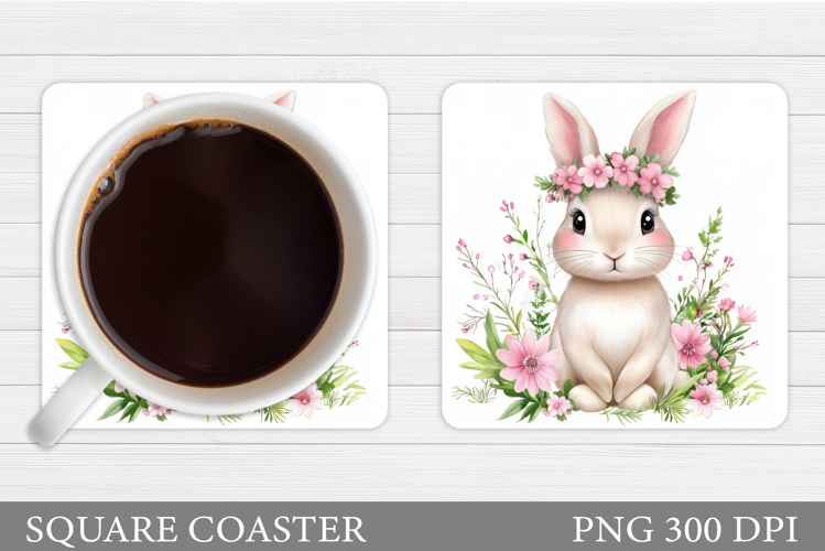 Cute Bunny Coaster. Bunny Flowers Coaster Sublimation