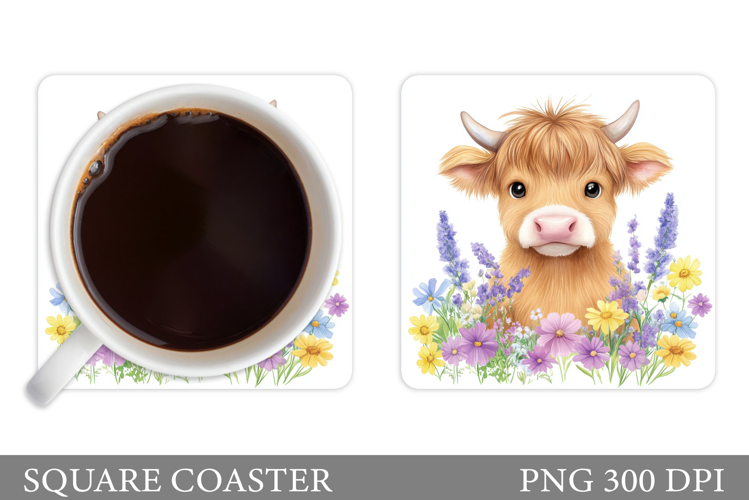 Highland Cow Coaster Design. Cow Flowers Coaster Sublimation