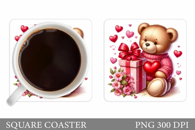 Cute Bear Square Coaster. Valentines Bear Coaster Design