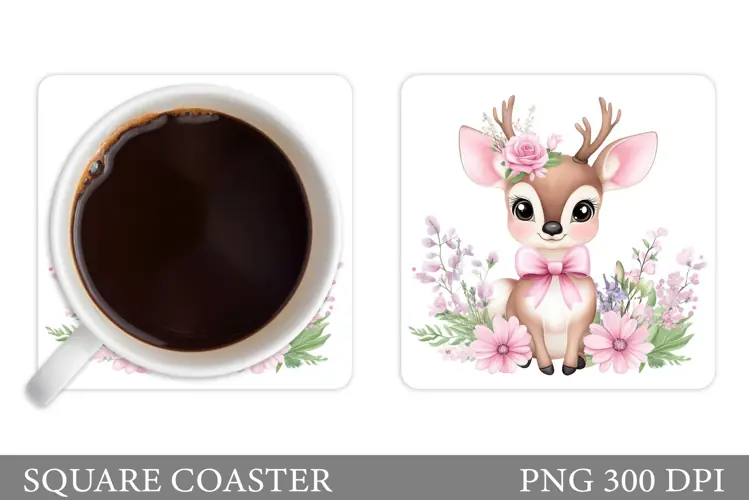 Cute Deer Coaster Sublimation. Deer Flowers Coaster Design