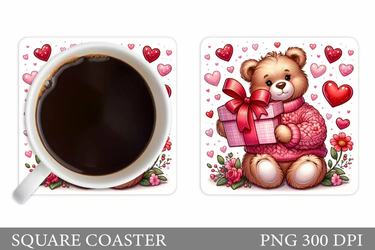 Cute Bear Square Coaster. Valentines Bear Coaster Design
