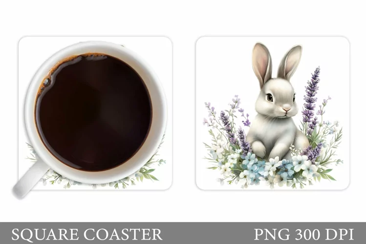 Cute Bunny Coaster. Bunny Flowers Coaster Sublimation