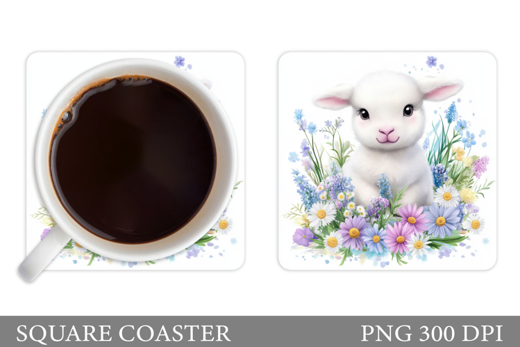Cute Lamb Coaster Sublimation. Lamb Flowers Coaster Design