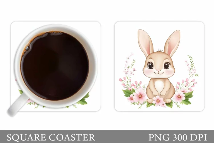 Cute Bunny Coaster. Bunny Flowers Coaster Sublimation