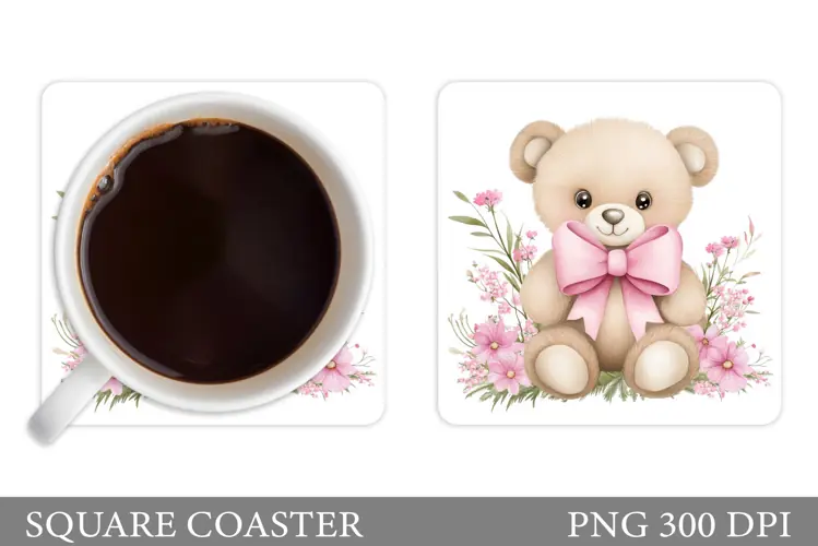 Bear Coaster Sublimation. Bear Flowers Coaster Design