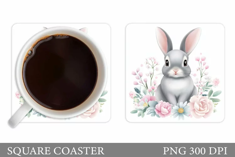 Cute Bunny Coaster. Bunny Flowers Coaster Sublimation