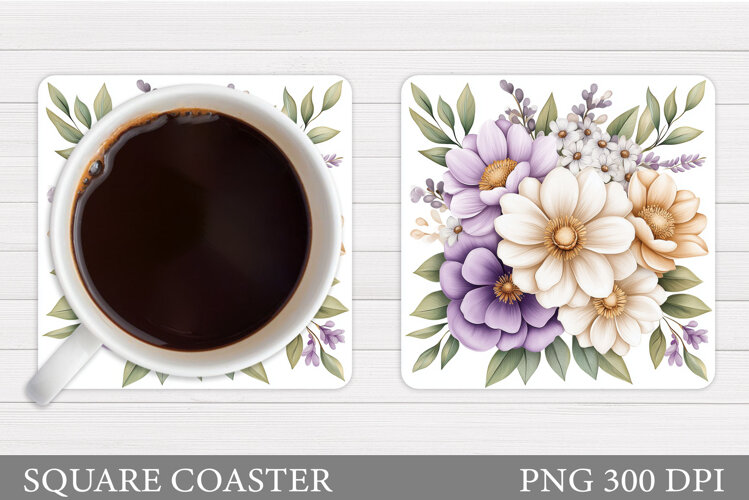 Flowers Square Coaster Sublimation. Flowers Coaster Design example image 1