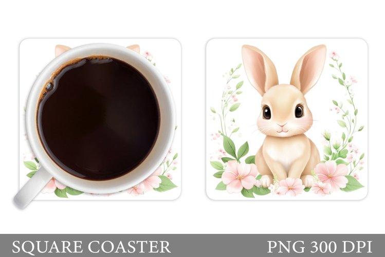 Cute Bunny Coaster. Bunny Flowers Coaster Sublimation example image 1